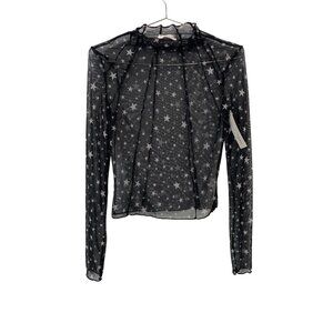 Timing Star Print Mesh Long Sleeve Top Size Large See Through Black Grunge NEW